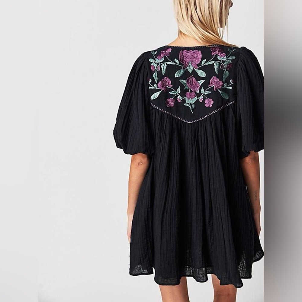 Free People Rosa Linda Mini Dress | Boho Black Dress with Floral Embroidery